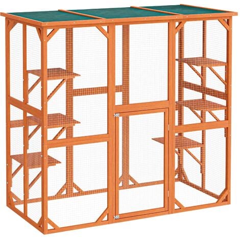 Wiltec Enclos extérieur – 168 x 82 x 166,5 cm – en Bois de sapin et avec grillage – Parc pour Chat résistant aux intempéries – avec 6 Zones de repos – Félins