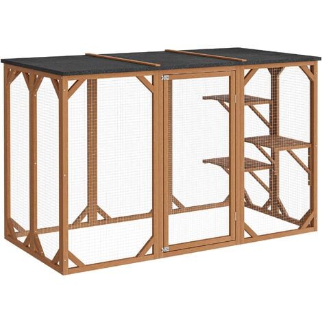 Wiltec Enclos extérieur – 180 x 80 x 111,8 cm – en Bois de sapin et avec grillage – Parc pour Chat résistant aux intempéries – avec 3 Zones de repos – Félins