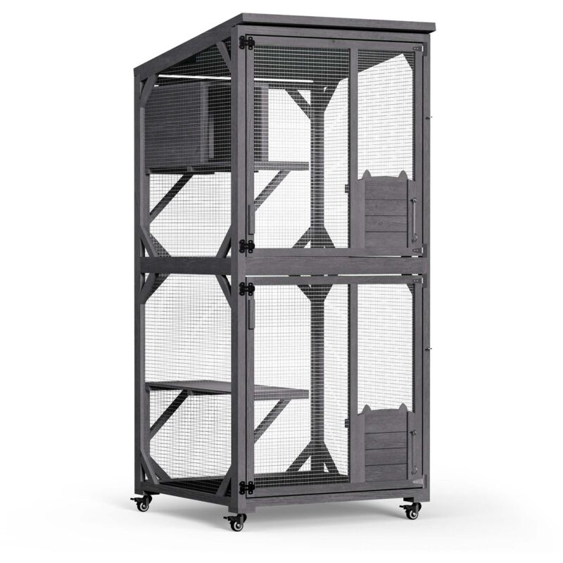 Wiltec - Enclos extérieur pour chats – 74 x 78 x 180 cm – sur Roues – en Bois de sapin et acier – 3 niveaux, 2 porte – Parc à chats – Activité féline