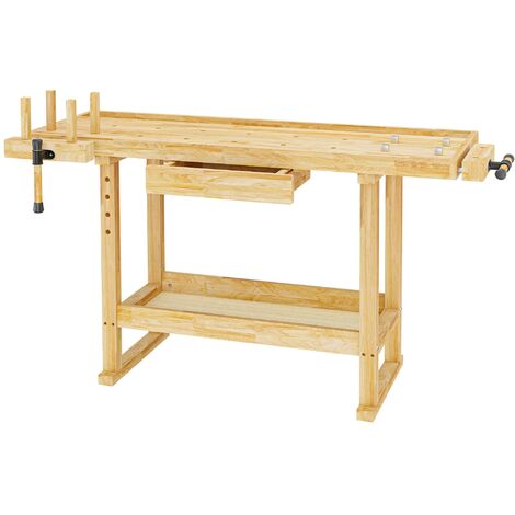 Wiltec – Établi de travail en bois d'hévéa 145 x 49 x 86 cm – Tiroir, pinces de serrage et crochets pour rabotage – Espace de rangement intégré