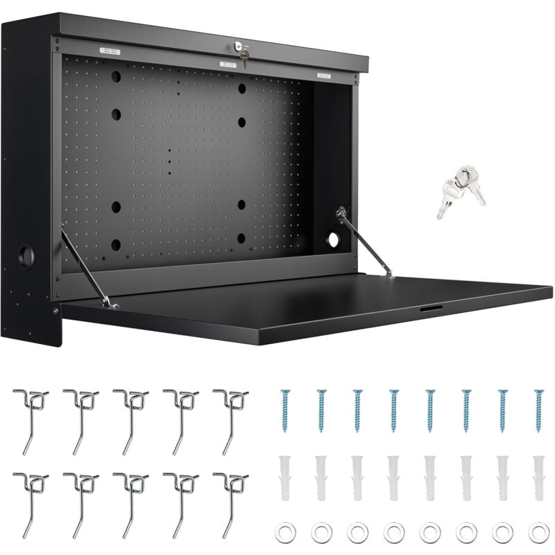 Wiltec - tabli mural pliant – 912 x 200 x 610 mm – 50 kg max. – en Acier – Verrouillable – avec Panneau d'accrochage – Banc de travail atelier maison