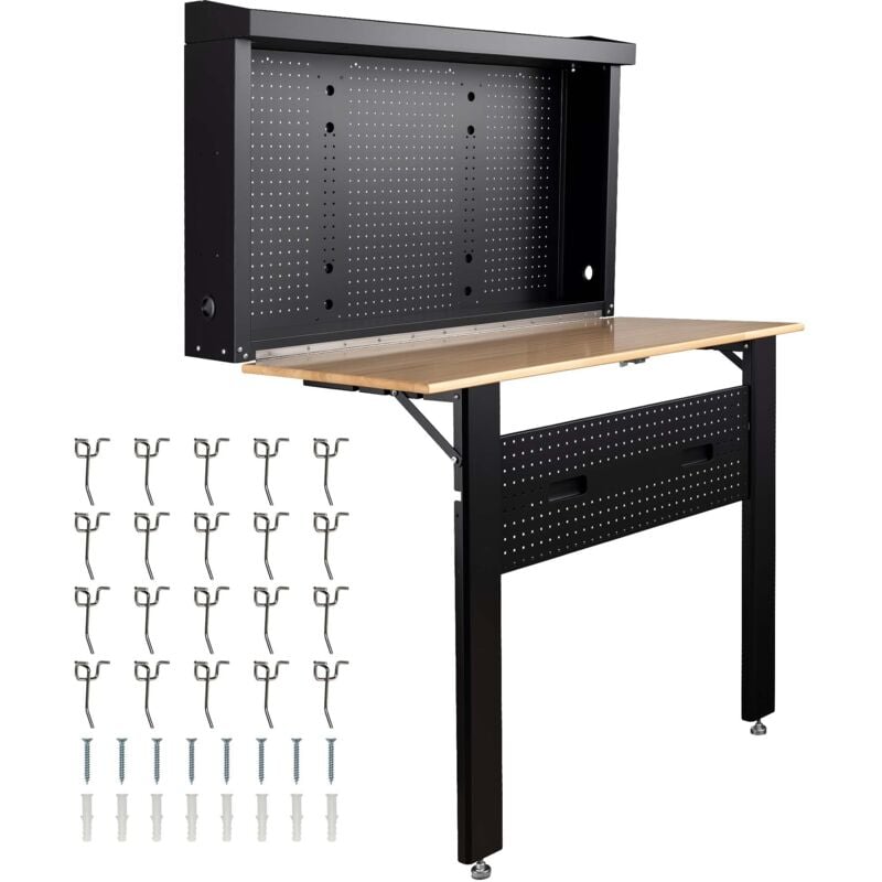 Wiltec - tabli mural pliant sur pieds – 1205 x 265 x 950 mm – 200 kg max. – en Acier et bois – avec Panneau d'accrochage – Banc de travail atelier