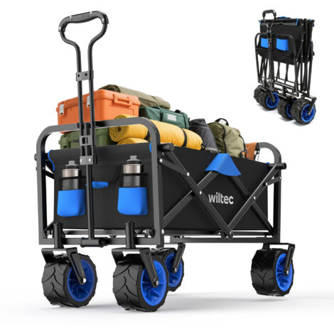 Wiltec Faltbarer Bollerwagen mit breiten Rädern, Faltbollerwagen Offroad geeignet, Strandbollerwagen mit Handgriff, stabiler Klappbollerwagen