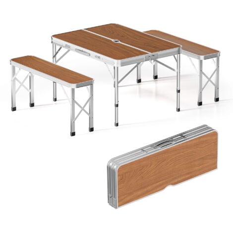 Wiltec Koffertisch mit 2 Bänken Holzdesign Aluminium 90x66x70 cm Campingtisch klappbar Sitzgruppe Campingmöbel Outdoor Camping Tisch faltbar
