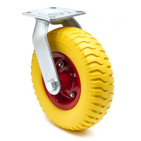 Wiltec Lenkrolle Ø220mm Transportrolle 58mm breit bis 100kg gelb aus Vollmaterial mit schwingender Halterung, pannensicher, leiser Lauf