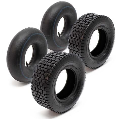 Wiltec Lot 2x Pneu 15x6.00-6 et 2x Chambre à air – Valve droite – 350 x 350 x 140 mm – 4 PR – capacité de charge 200 kg – pour Tondeuse à gazon Tracteur à pelouse Brouette Chariot Diable