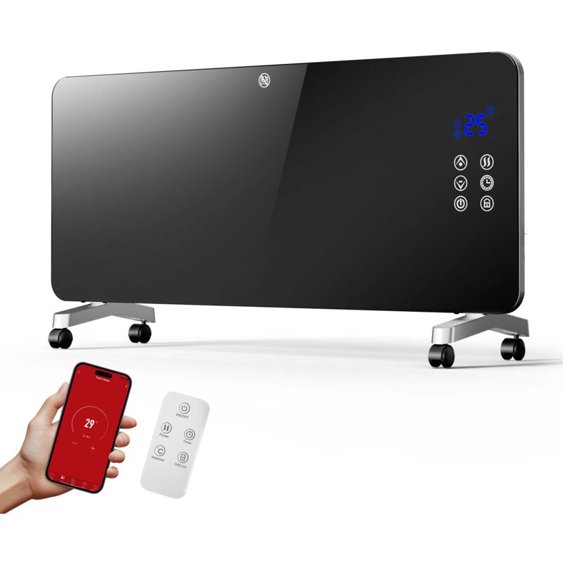 Wiltec - Panneau chauffant Radiateur rayonnant électrique Verre trempé Noir 2000W Thermostat réglable Wi-Fi IP24 led Minuterie 24h 7,4 kg