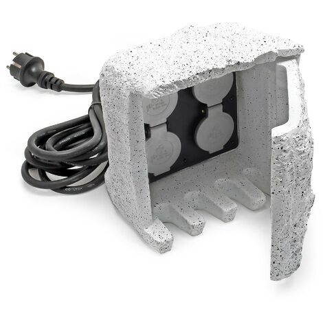 Wiltec Piedra enchufe jardín 4 Tomas corriente Cable 5m Resina IP44 Accesorios exterior Enchufe exterior