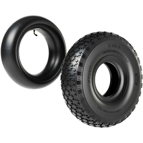 Wiltec Pneu 11x4.00-4 et Chambre à air – Valve coudée – 294 x 294 x 80 mm – 4 PR – capacité de charge 130 kg – pour Tondeuse à gazon Tracteur à pelouse Brouette Chariot Diable