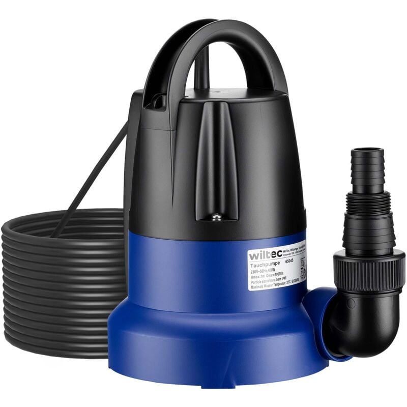 Wiltec Pompe à eau immergée à aspiration plate 400 W – Jusqu’à 1 mm – 7000 l/h – Refoulement max. 7 m, profondeur max. 7 m – Capteur de niveau d’eau
