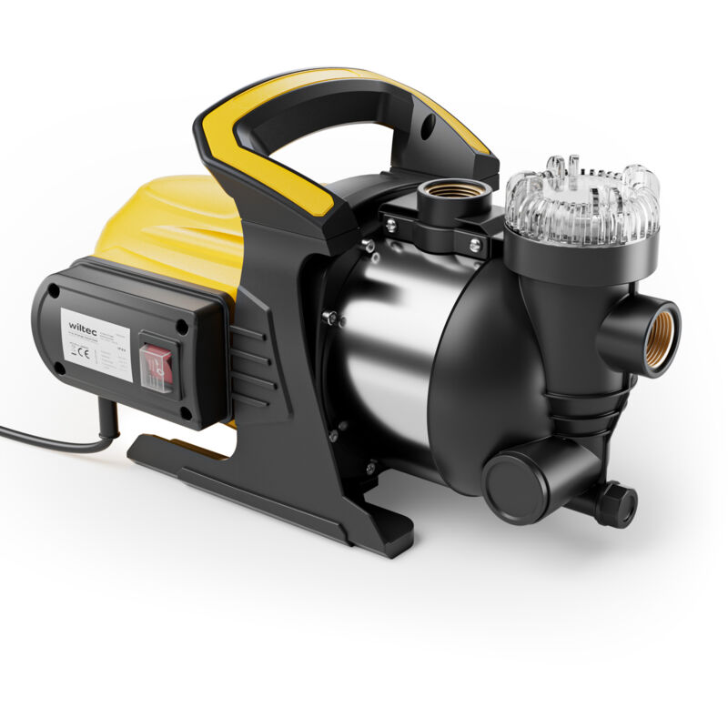 Pompe arrosage jardin – 1200 w – Refoulement hauteur 48 m, profondeur 8 m – 2850 tr/min – Avec préfiltre et boîte en acier inoxydable - Wiltec