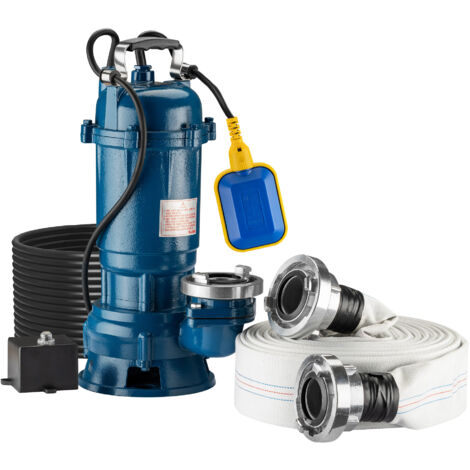 Wiltec – Pompe électrique submersible 1500W – Débit 36000 l/h – Hauteur de refoulement 10 m – Tuyau 20 m inclus – Pour eaux usées et drainage