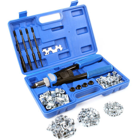 Wiltec Remachadora de tuercas, 5 boquillas y 150 tuercas de remache, 30 piezas de M5/M6/M8/M10/M12