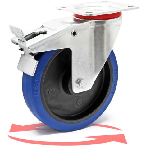 Wiltec – Roue pivotante en plastique 200 mm – Charge 350 kg – Blocage total – Plaque de montage 135x100 mm – Usage silencieux sans trace