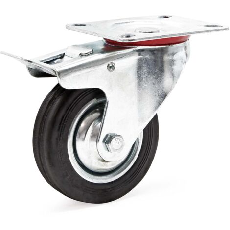 Wiltec – Roulette pivotante avec blocage double – Ø 100 mm – Charge 70 kg – Caoutchouc silencieux – Frein de stationnement – Plaque de montage incluse