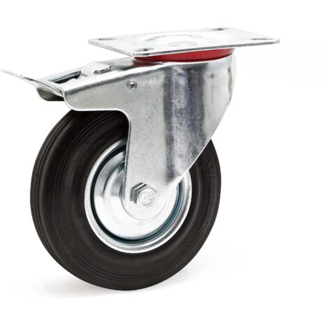 Wiltec Roulette pivotante Blocage double – Ø 125 mm – Capacité 100 kg – en Caoutchouc – Roue avec Frein et Plaque de montage – Transport Appareil Accessoire Meuble – Usage silencieux sans trace
