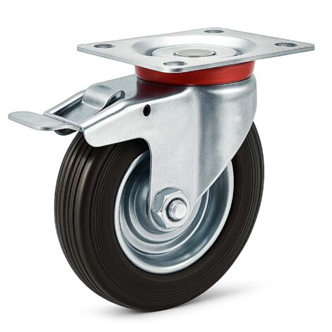 Wiltec Ruota piroettante doppio stop gomma piena 200mm max 150kg con piastra di montaggio per carrelli, mobili