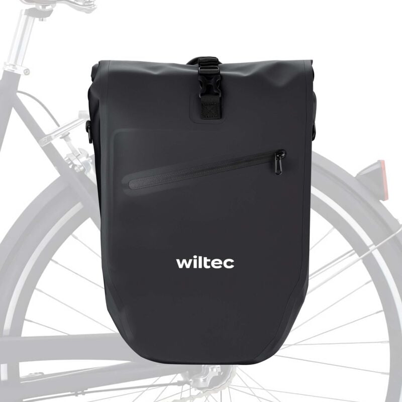 Wiltec - Sacoche étanche pour porte-bagages noire – capacité de 28 l – en 500D pvc – avec poignée, bandoulière et réflecteur – pour vélos et vélos