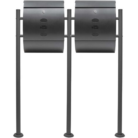Wiltec Set de buzón doble V18 de diseño con marco de soporte para fijación al suelo, hueco para periódicos y cerradura, antracita, acero galvanizado, 1000 x 150 x 1200 mm, con mirillas