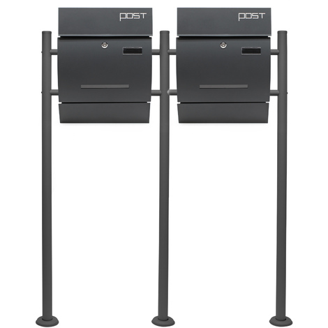 Wiltec Set de buzón doble V4 de diseño con marco de soporte para fijación al suelo, hueco para periódicos y cerradura, antracita, acero galvanizado, 1000 x 135 x 1200 mm, con mirilla