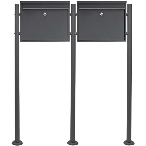 Wiltec Set de buzón V13 doble antracita con pie de soporte correo postal cartas acero galvanizado decorativo
