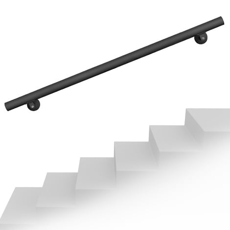 Wiltec Set pasamanos barandilla 190cm negro acero montaje a la pared sujeción escalera seguridad decoración