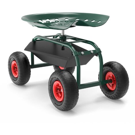 Wiltec Sgabello da giardinaggio e officina con ruote e porta oggetti , sgabello a carrello, portata 150 kg