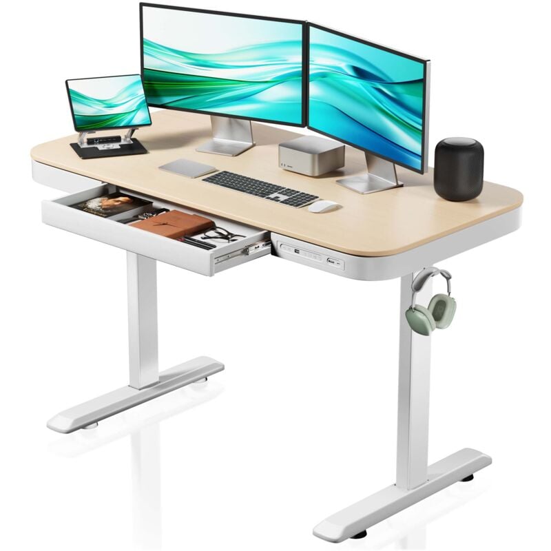 Wiltec - Table Bureau Assis-debout Hauteur réglable 720 à 1200 mm Blanc-Beige Taille 1180 x 600mm Moteur Station charge usb-a usb-c Anticollision