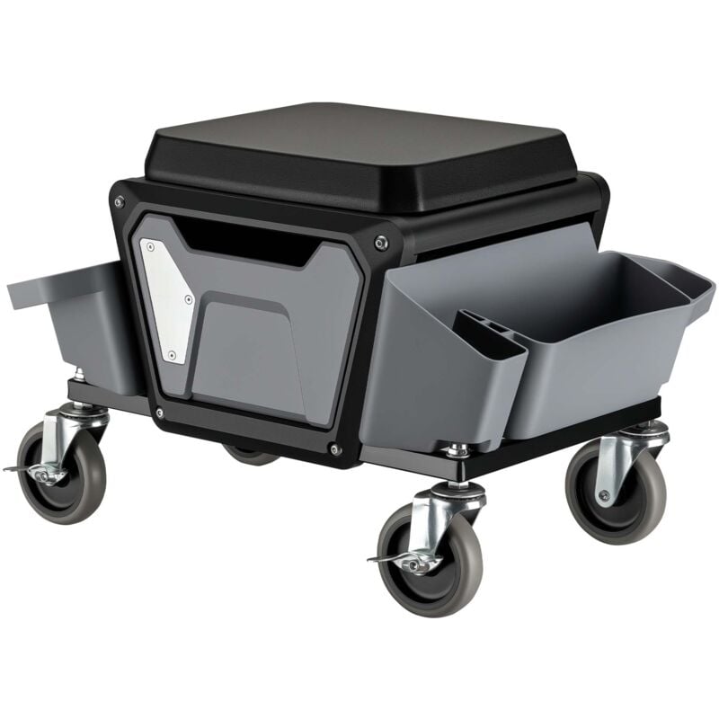 Tabouret de mécanicien 53 x 38 x 38 cm Noir Bleu Servante d'atelier Mobile sur roulette Plateau Outils inclus Rangement Garage Jardinage Ergonomie