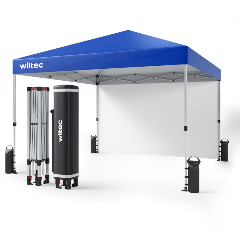 Tente de réception pliante – 3 x 3 x 2,89 m – couleur Bleue – Protection uv – Paroi latérale Roues Fermeture centrale Cadre robuste Sac – Pavillon