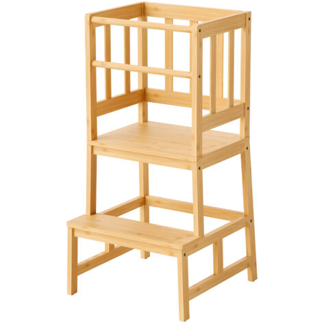 Wiltec Torre de aprendizaje de bambú para niños con rieles de seguridad silla para niños 46x46x90cm