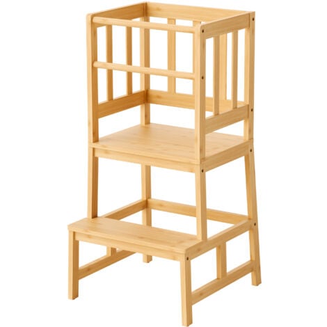 Wiltec Torre Montessori in bambù 46x46x90cm, con barre di protezione, Learning tower Scala montessoriana