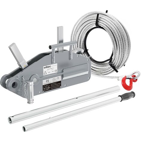 Wiltec – Treuil à câble 1600 kg – Longueur 20 m Ø 11 mm – Crochet avec goupille de sécurité – Résistant à la corrosion et intempéries