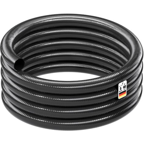 MÈRLETT Wiltec Tuyau d'aspiration noir – 5 m / Ø 40 mm (1 1/2") / 470 g/m – avec Spirale de renforcement – Tube à pression souple en PVC – pour Arrosage Irrigation Jardinage Évacuation Refoulement