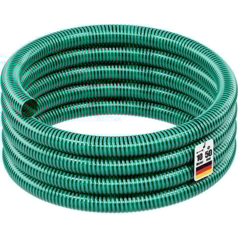 Wiltec Tuyau d'aspiration vert – 10 m / Ø 50 mm (2") – avec Spirale de renforcement – Tube à pression souple en PVC – pour Arrosage Irrigation Jardinage Évacuation Refoulement