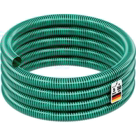 Wiltec Tuyau d'aspiration vert – 5 m / Ø 50 mm (2") – avec Spirale de renforcement – Tube à pression souple en PVC – pour Arrosage Irrigation Jardinage Évacuation Refoulement