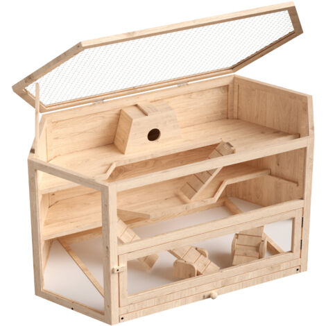 Wiltec XXL 3 Etagen Nagerkäfig, 6-eckig, 1150 x 600 x 580 mm, aus Holz, mit klappbarem Deckel & Sichtfenster, Kleintierhaus Mäusekäfig Hamsterkäfig