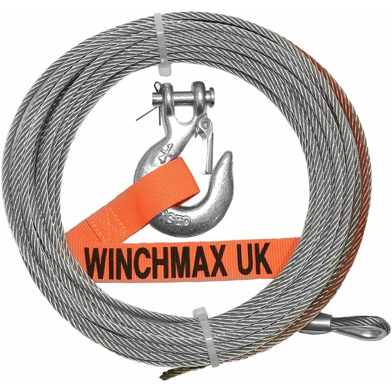 Winch Cable/Wire Rope 15m x 5mm with 1/4 inch Clevis Hook, suitable for winches up to 4,000lb - Winchmax