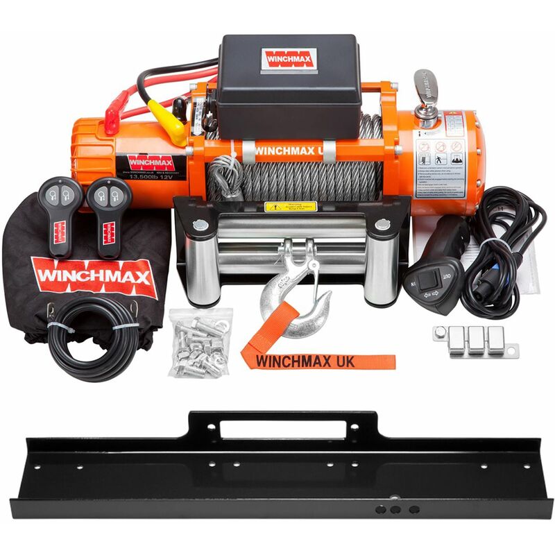 13,500lb / 6,123kg Original Orange 12v Electric Winch, Steel Rope, Flat Bed Mounting Plate - Winchmax