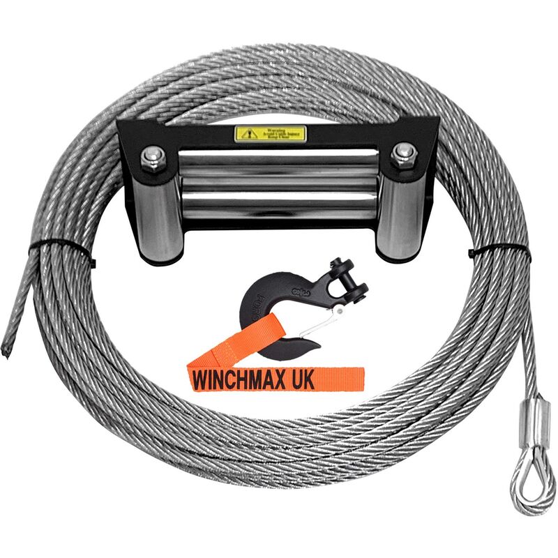 26m of 9.5mm Steel Winch Rope with Stainless Steel Roller Fairlead and 3/8 inch Clevis Hook - Winchmax