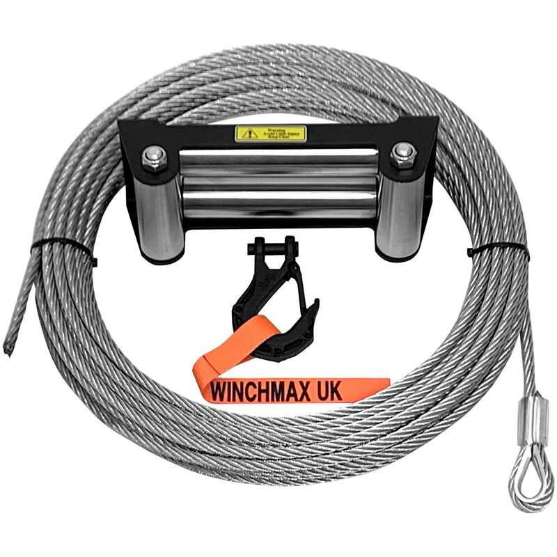 26m of 9.5mm Steel Winch Rope with Stainless Steel Roller Fairlead and3/8 inch Clevis Tactical Hook Hook - Winchmax