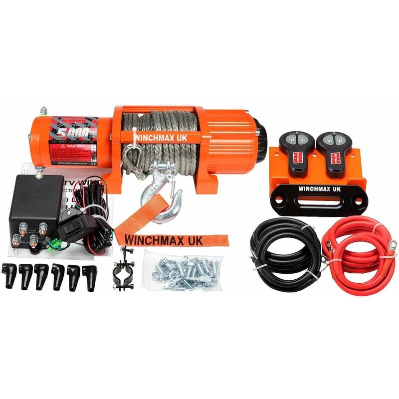 Winchmax - 5,000lb (2,268kg) Original Orange 12v Winch. 15.5m x 5mm Dyneema Rope, 1/4 Inch Clevis Hook, Twin Remote Controls.