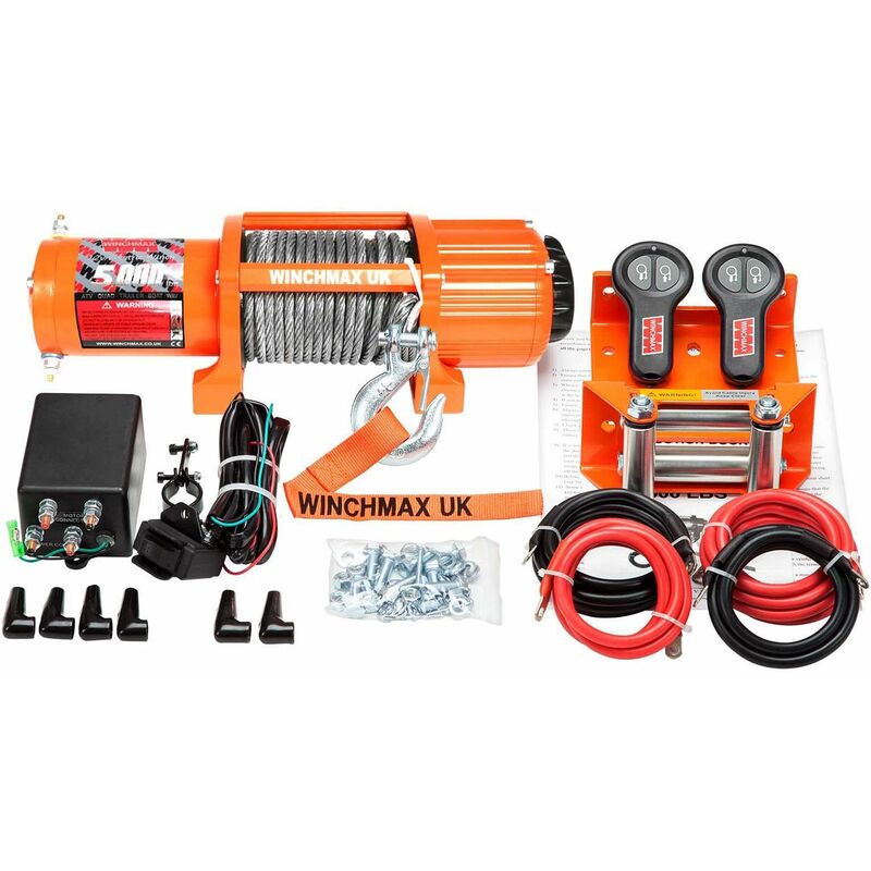 Winchmax - 5,000lb (2,268kg) Original Orange 12v Winch. 15m x 5mm Steel Rope, 1/4 Inch Clevis Hook, Twin Remote Controls.