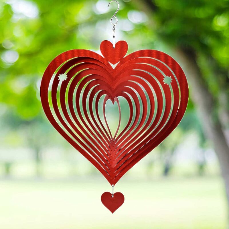 Image of Fortuneville - Wind Spinner, cortile Art Garden Decor 3d Sculture in metallo in acciaio inossidabile Appeso cinetico, acchiappavento a cuore rosso