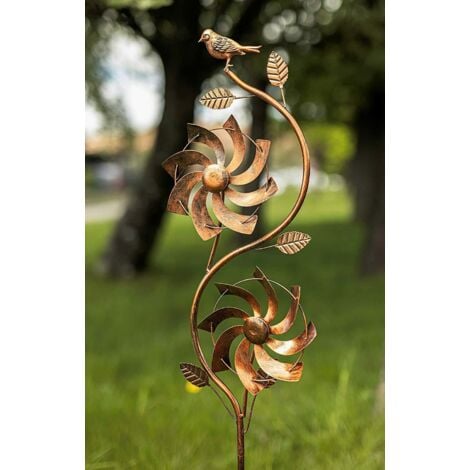 GARDEN MILE Wind Spinner with Dual Spinning Windmills Garden Stake Sculptures Ornaments Bronze Copper Effect Spinning Dual Direction Kinetic Wind Spinner