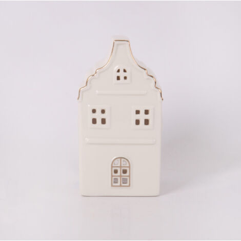 Windlicht Haus Keramik 15 x 8 cm weiß gold Windlicht