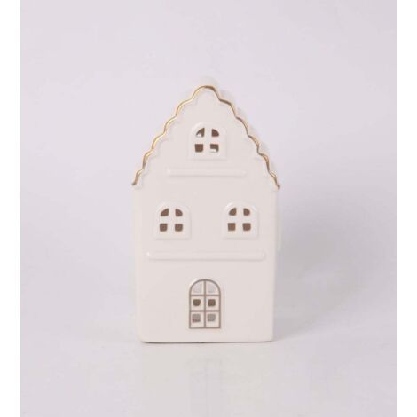 Windlicht Haus Keramik 15 x 9 cm weiß gold Windlicht