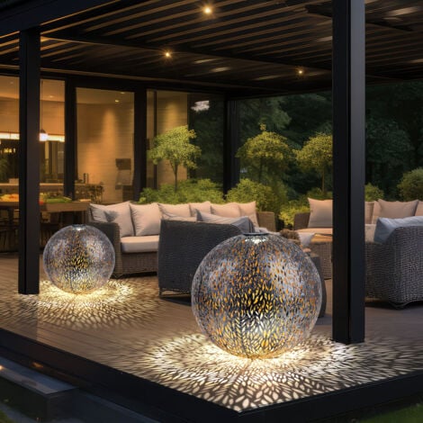 Windlicht Solar Garten Solarleuchte LED Steckleuchte IP44, Erdspitz, Metall Muster antik goldfarben silbergrau, 1x LED 3000K, DxH 27x38 cm, 2er Set