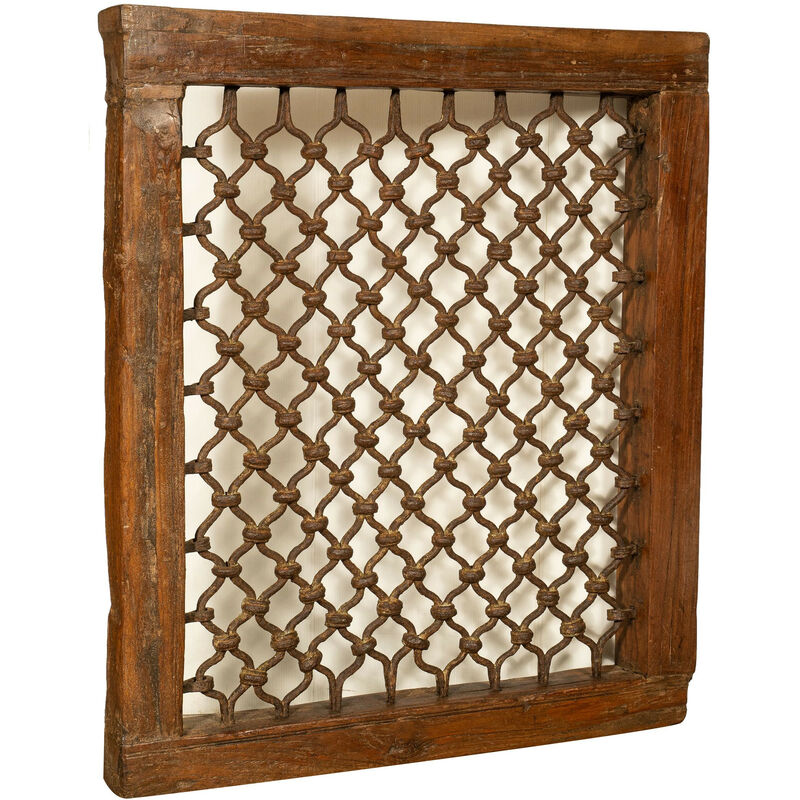 Window Grain Grid In Iron With Frame Finely Restored In Solid Wood Of Teak