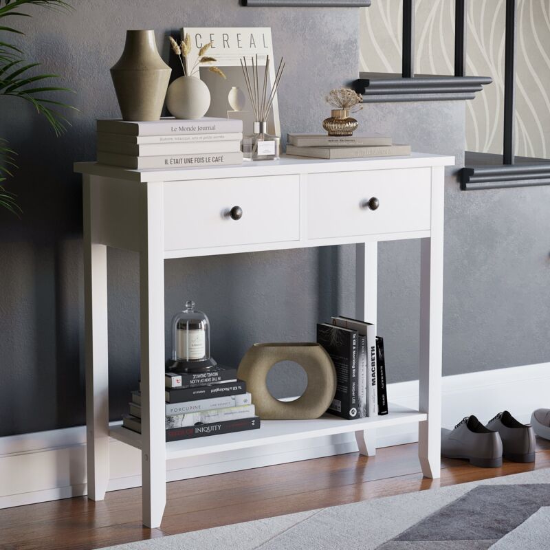 Windsor 2 Drawer Console Table With Shelf Mdf Side End Hallway Table, White